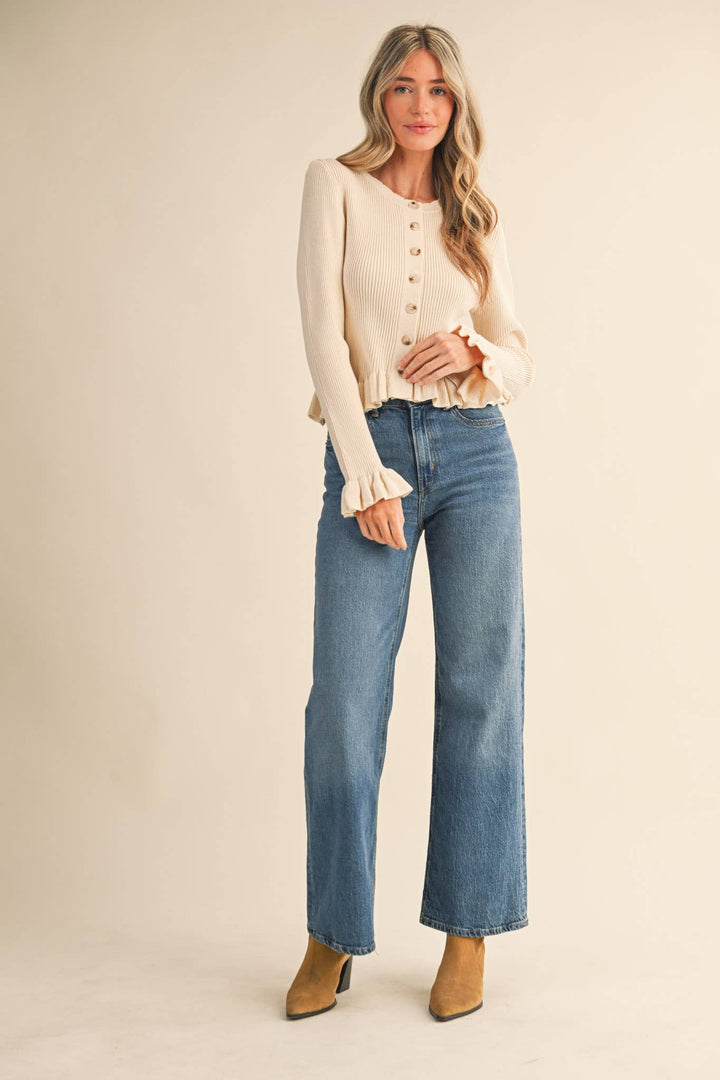 Ruffled hem ribbed knit cardigan – front view