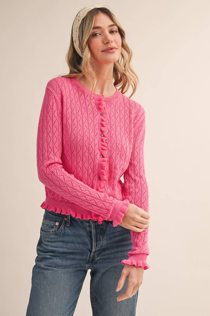 Ruffled Edge Pointelle Knit Sweater Cardigan in Berry