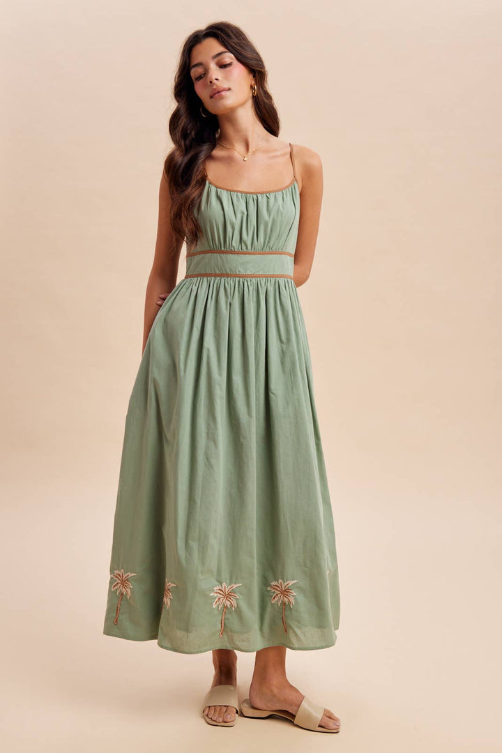 Tropical embroidered sleeveless maxi dress – front view