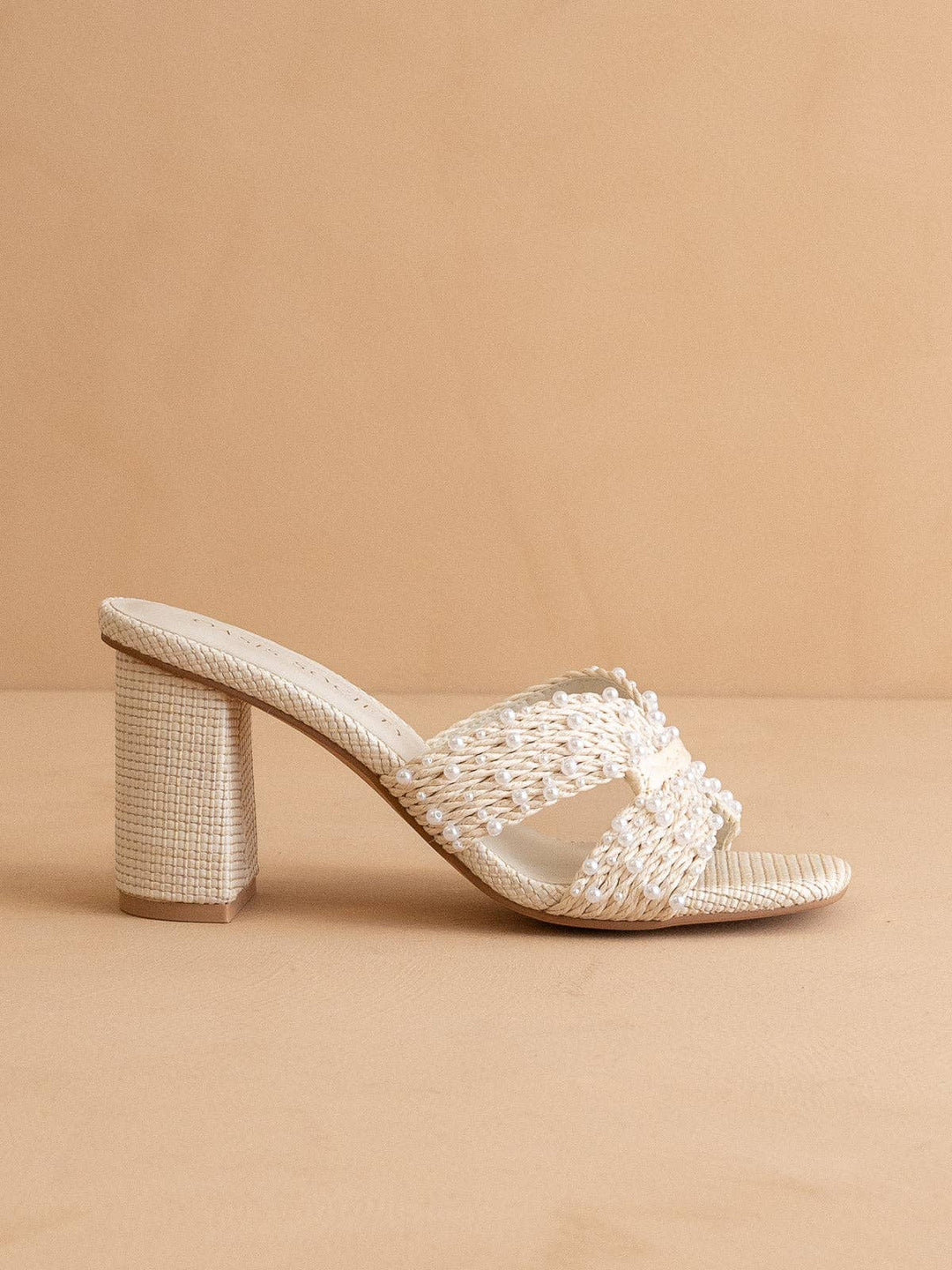 White pearl embroidered raffia block heel – front view