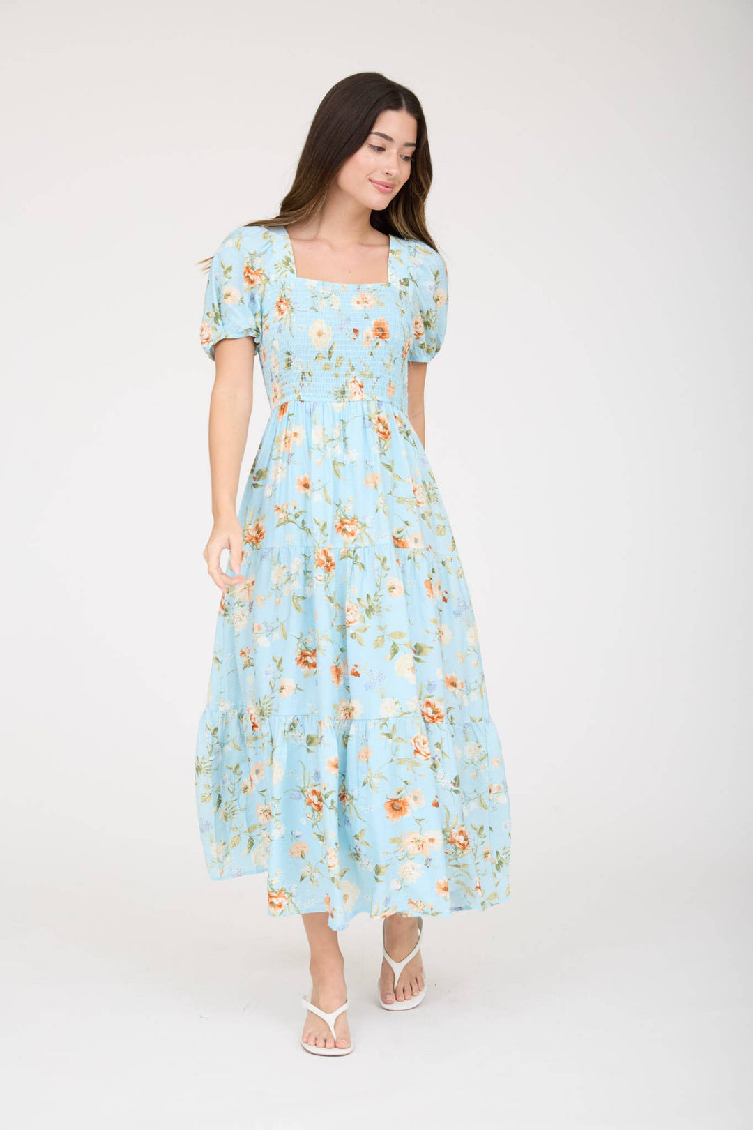 Vintage floral smocked midi dress – front view