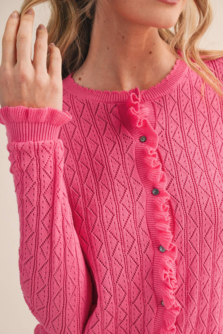 Ruffled Edge Pointelle Knit Sweater Cardigan in Berry