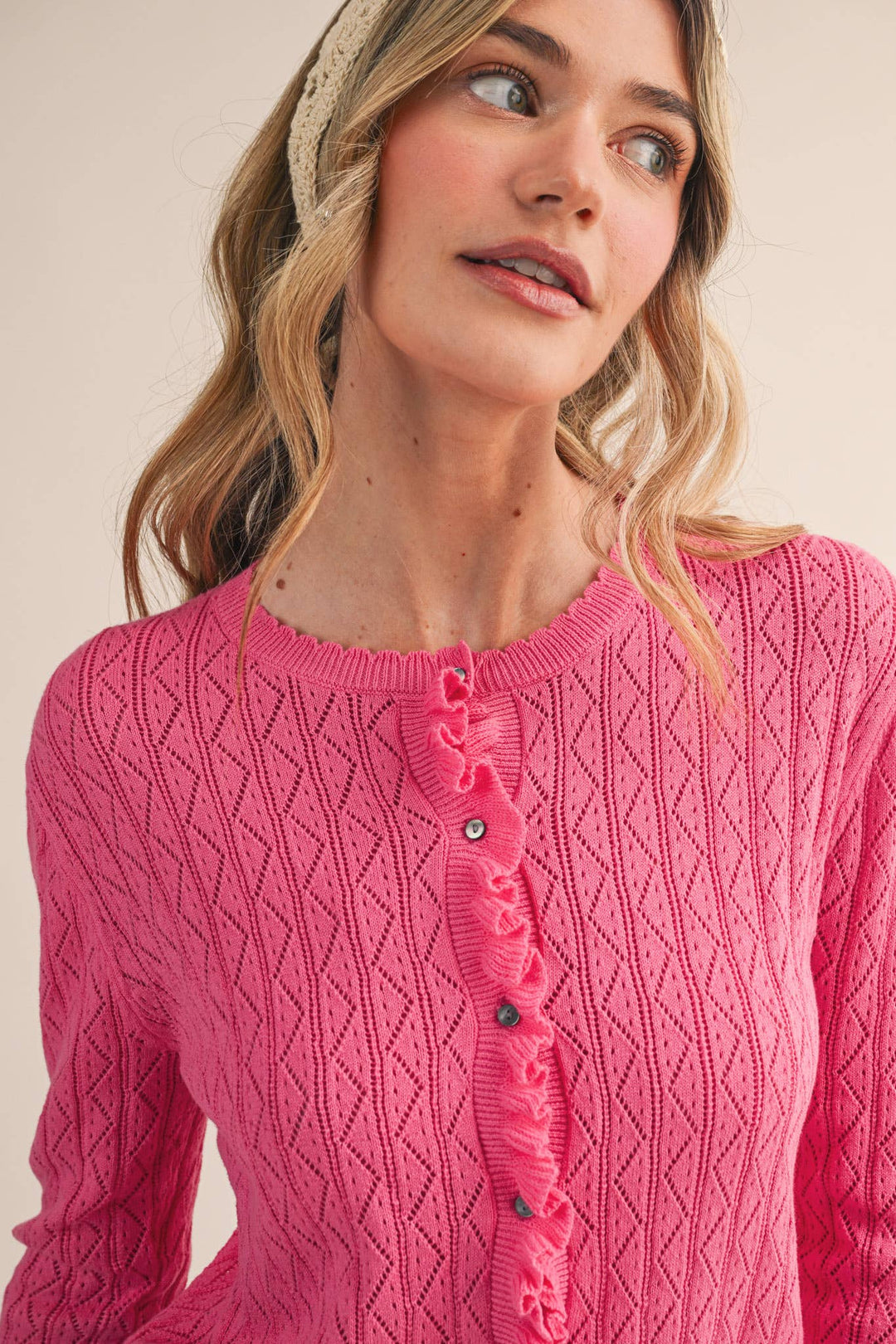 Ruffled Edge Pointelle Knit Sweater Cardigan in Berry
