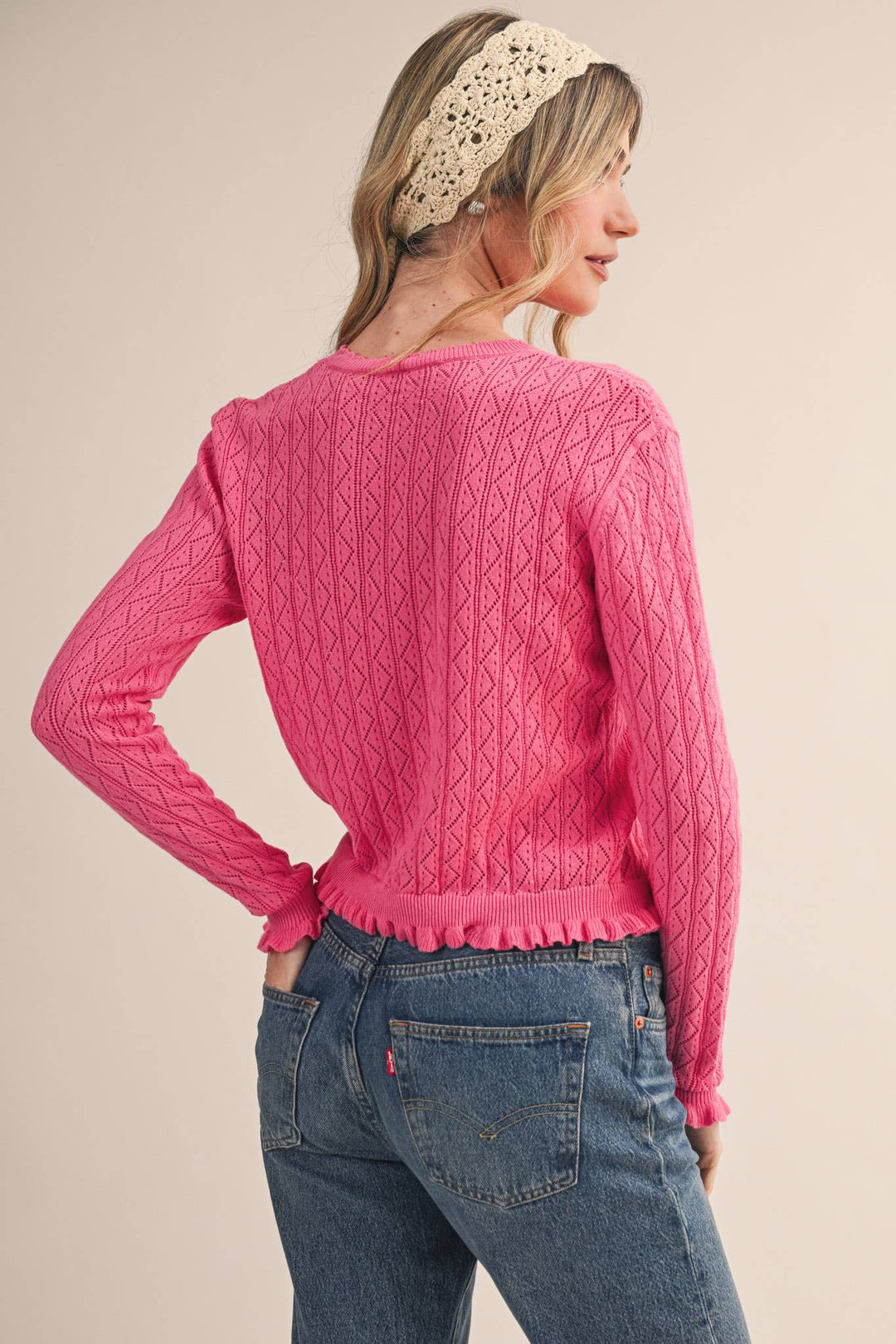 Ruffled Edge Pointelle Knit Sweater Cardigan in Berry