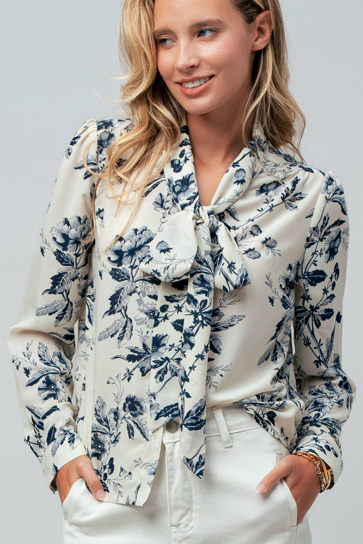 Toile Print Bow Blouse in Ivory & Navy
