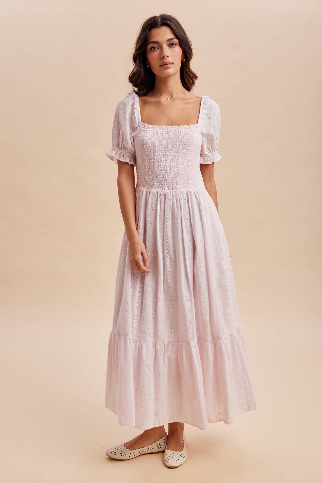 Pink smocked eyelet maxi dress – front view