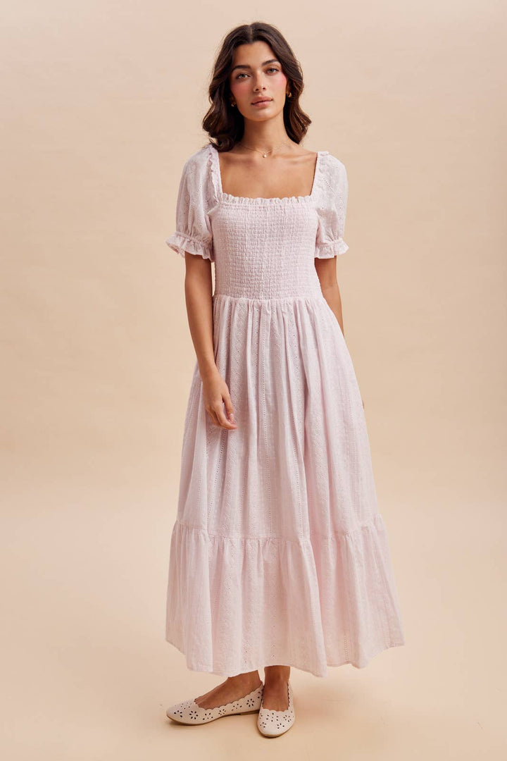 Pink smocked eyelet maxi dress – front view