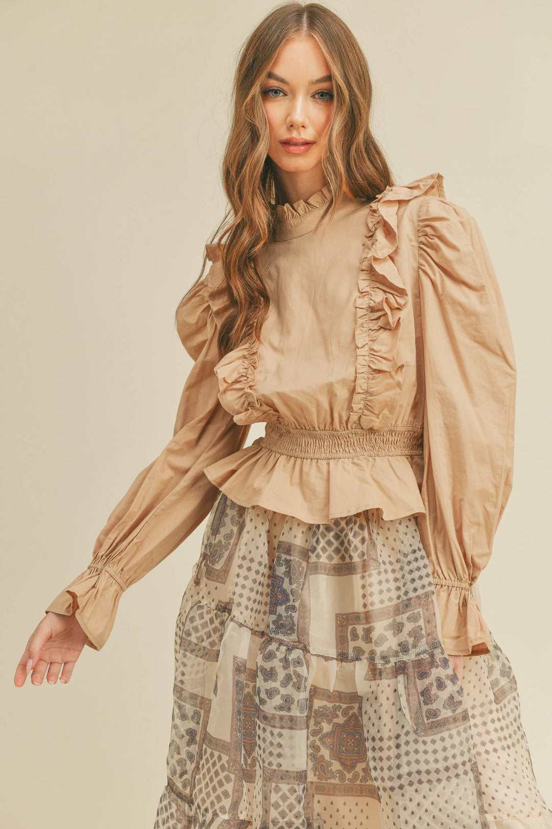 Ruffled High Neck Blouse in Beige