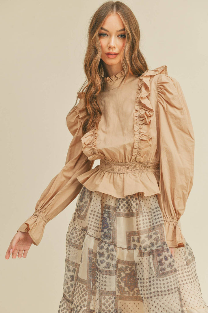 Ruffled High Neck Blouse in Beige