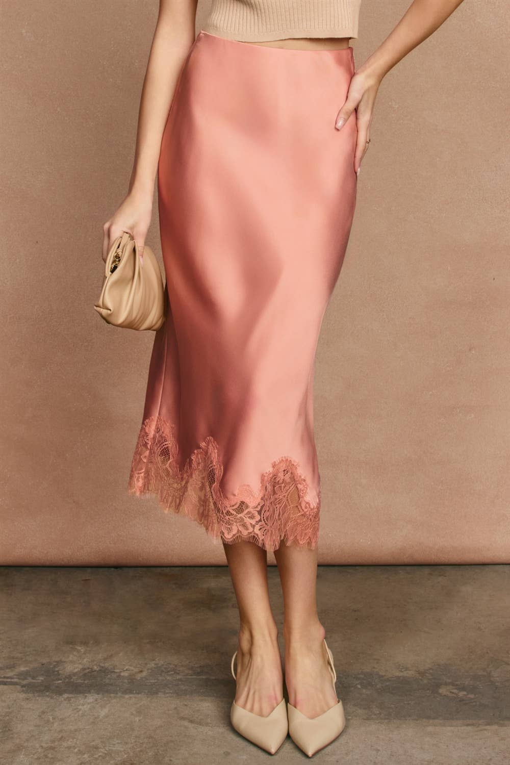 Satin Lace Hem Skirt in Blush - Available June 26