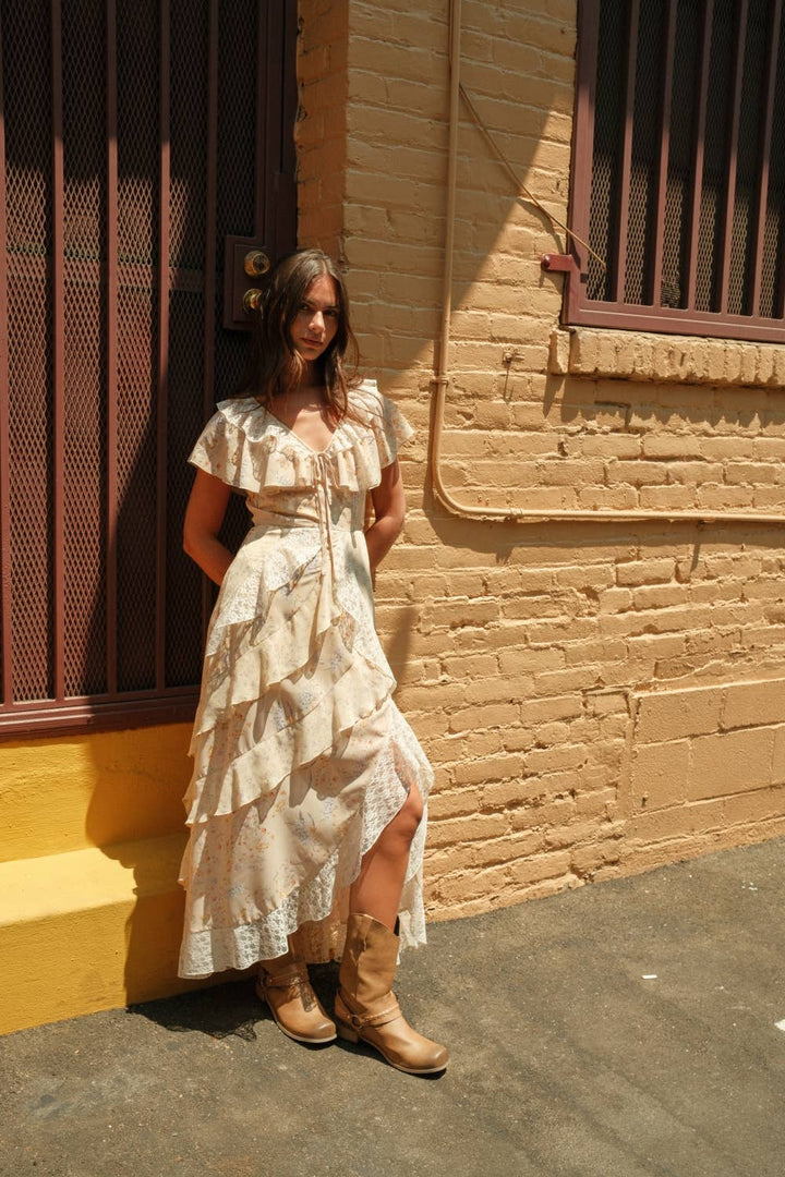 Floral Ruffle Tiered Maxi Dress in Light Yellow Multi