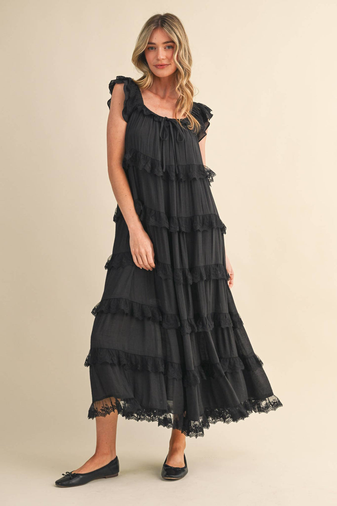 Tiered Lace Trim Flowy Maxi Dress in Black