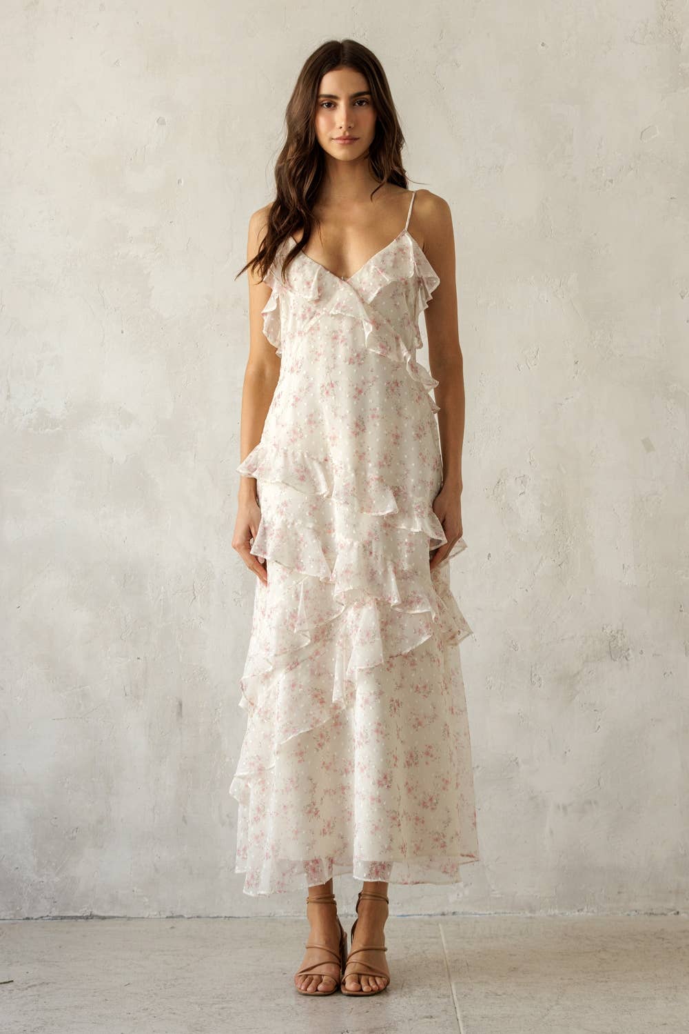 Floral Ruffled Tiered Dress in Ivory/Pink Floral