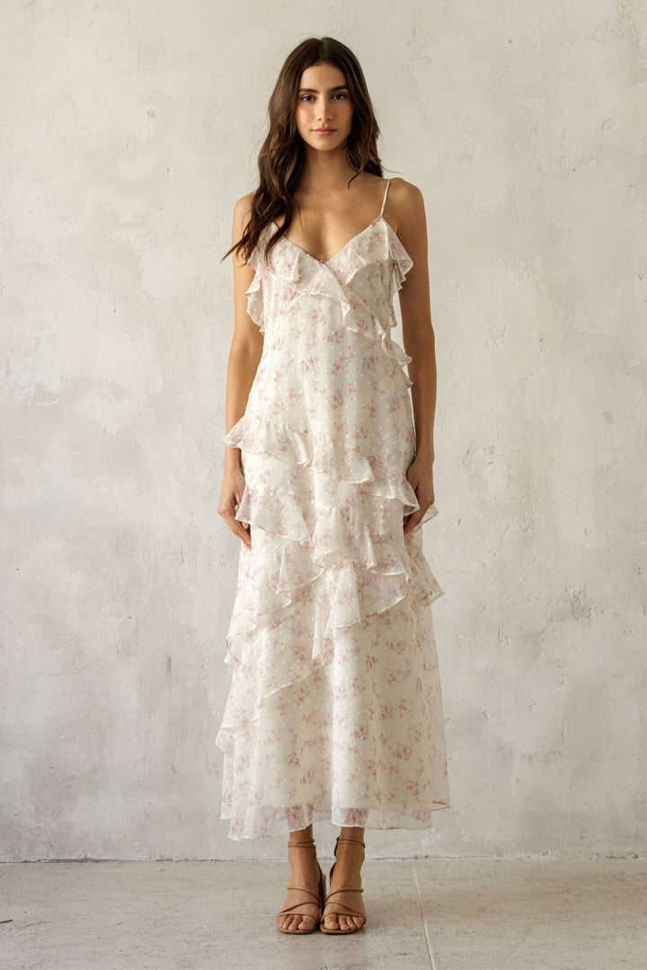 Floral Ruffled Tiered Dress in Ivory/Pink Floral