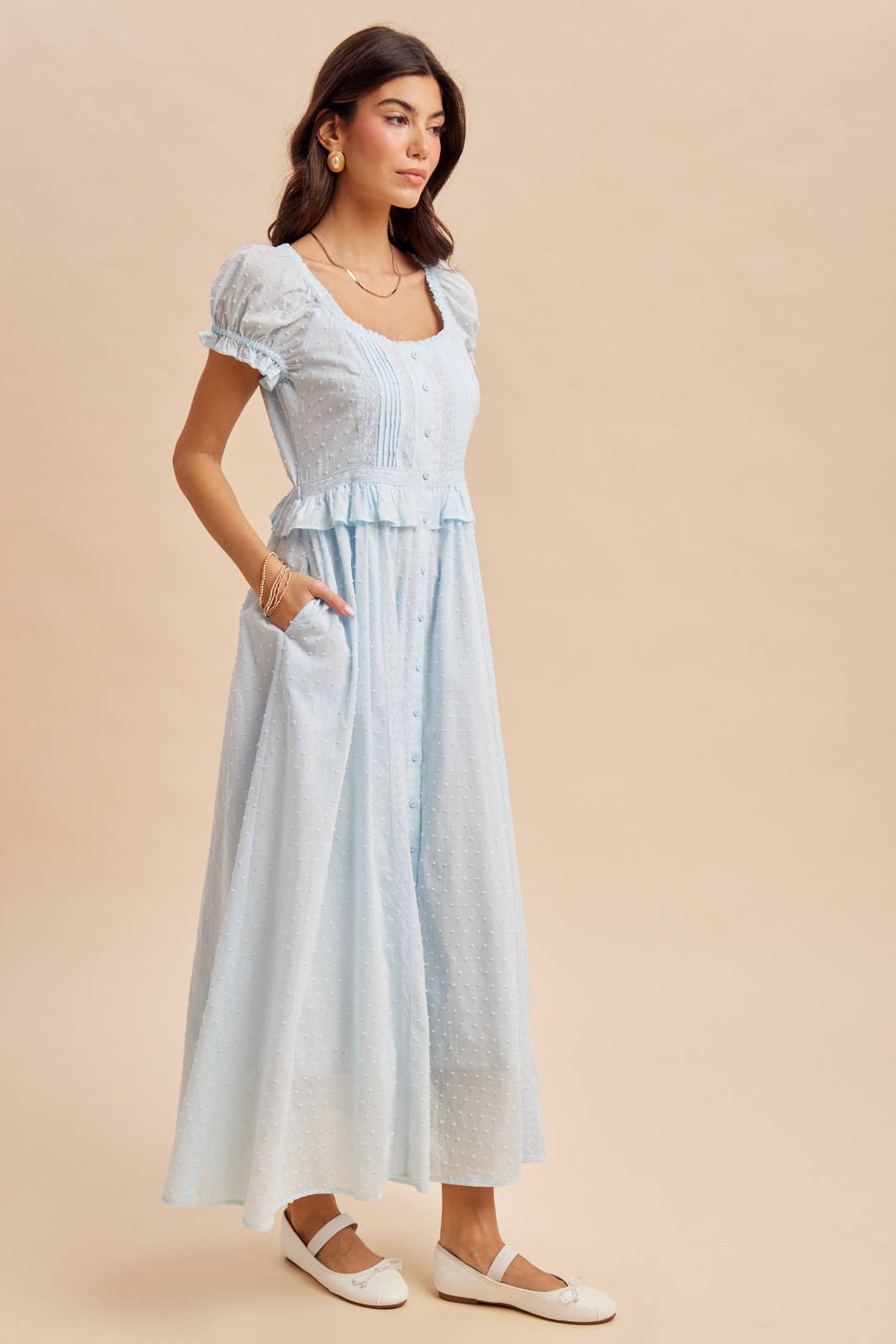 Swiss Dot Pintuck Maxi Dress in Blue