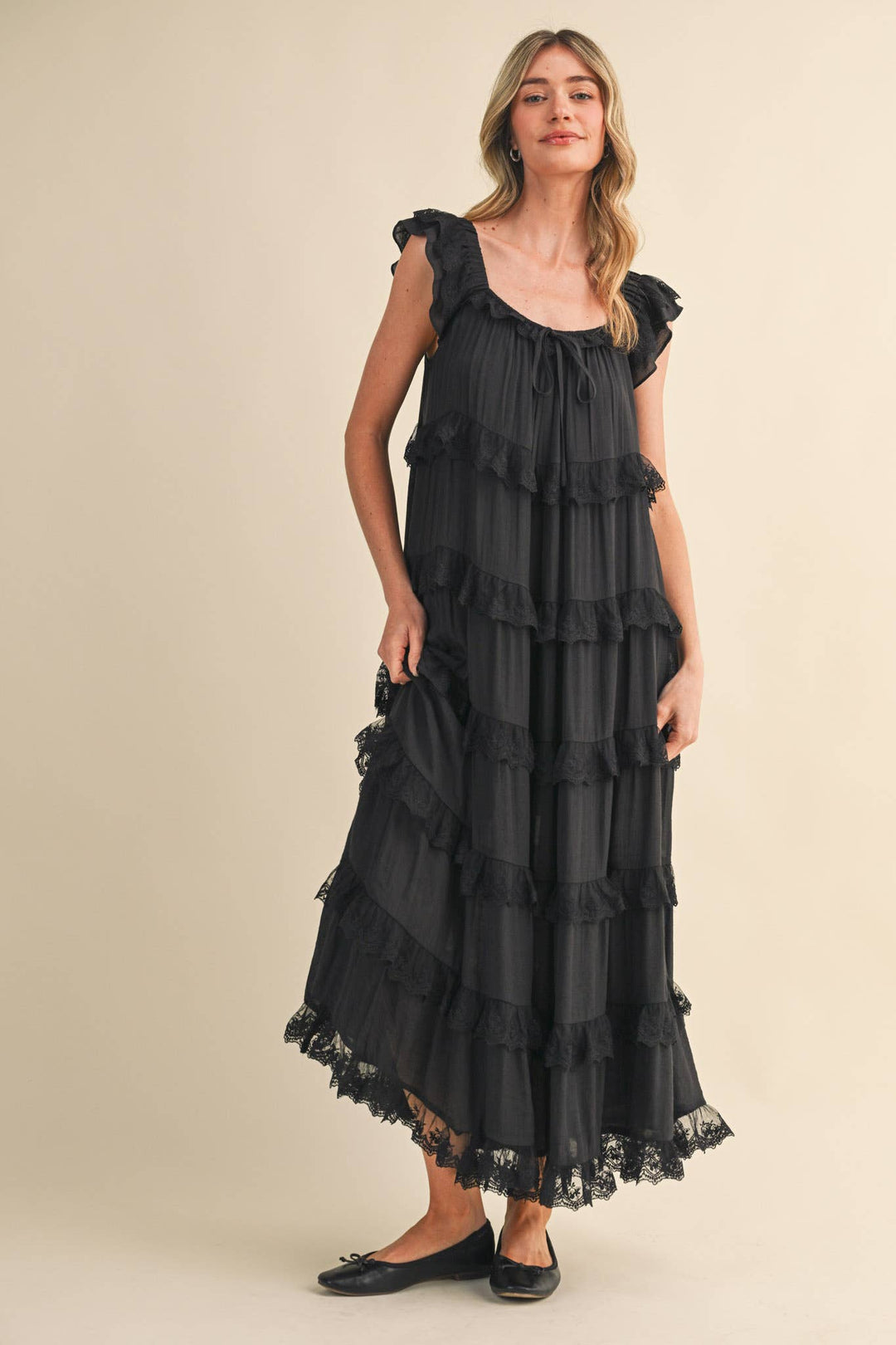 Tiered Lace Trim Flowy Maxi Dress in Black