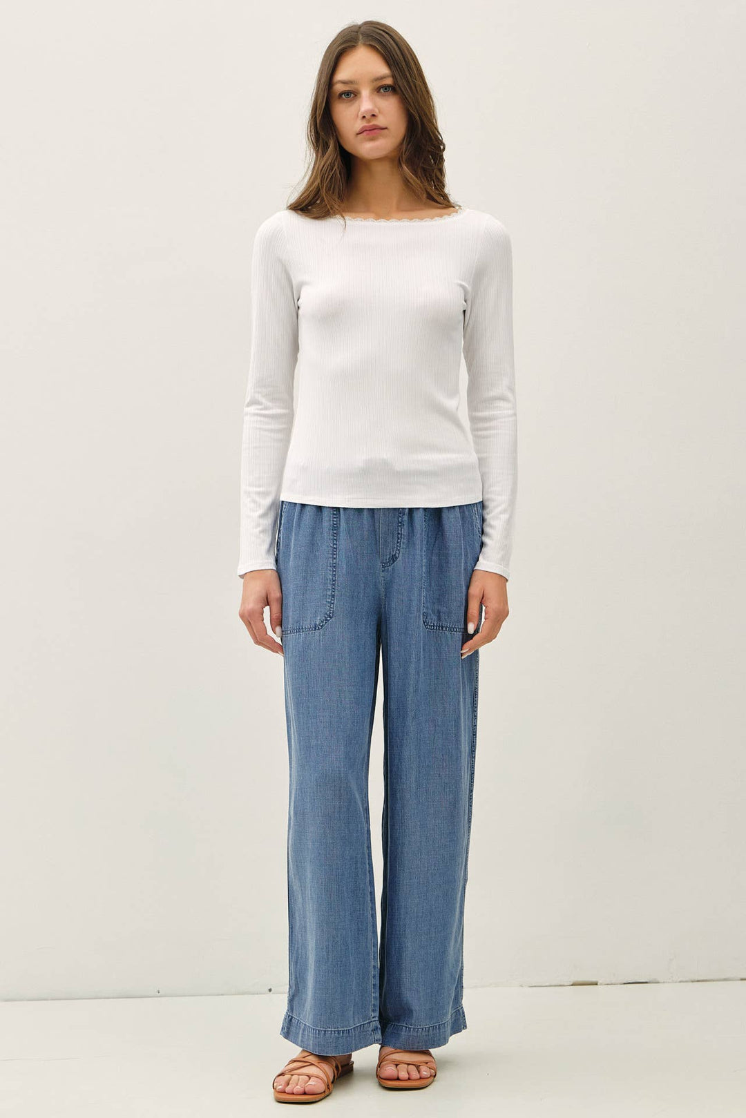 Lace Trim Ribbed Boat Neck Long Sleeve Top in White