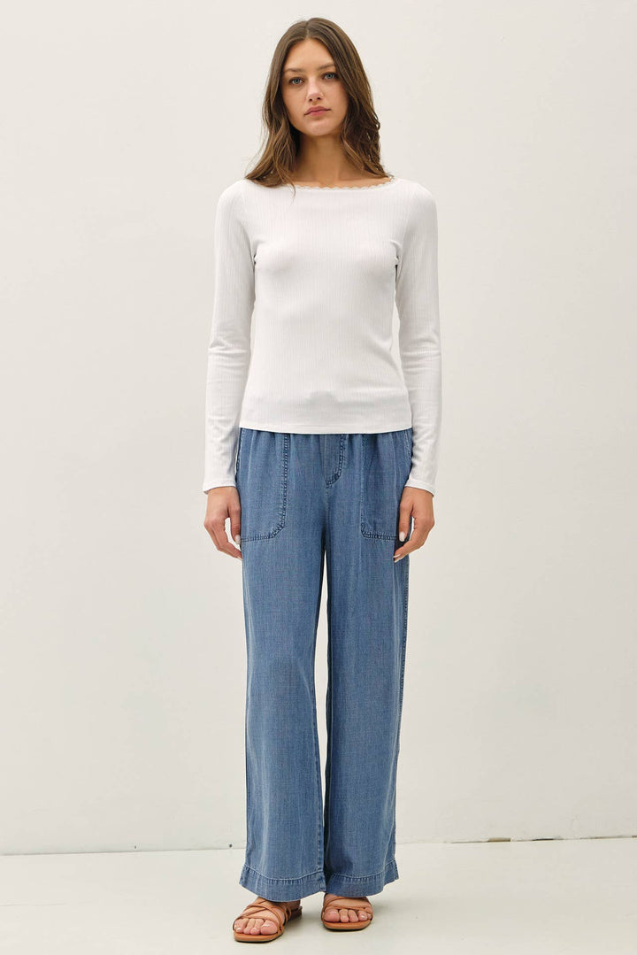 Lace Trim Ribbed Boat Neck Long Sleeve Top in White