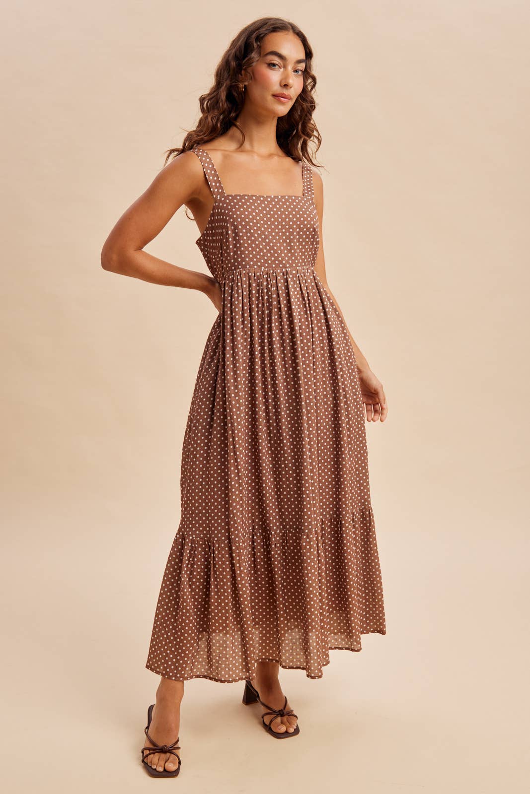 Polka Dot Bow Maxi Dress in Latte