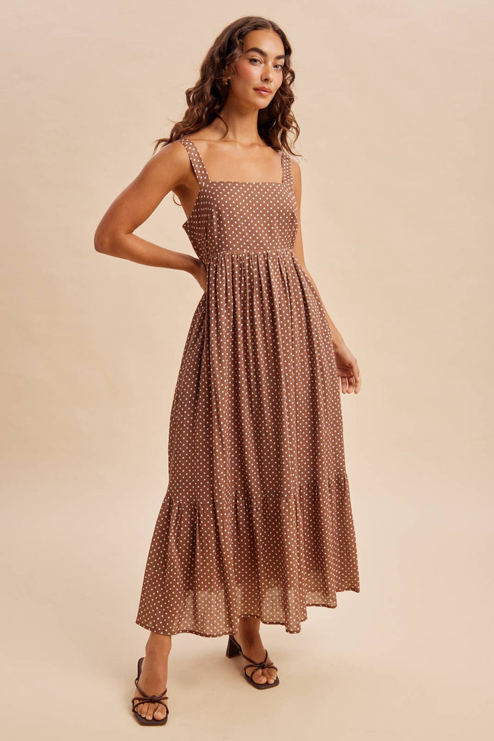 Polka Dot Bow Maxi Dress in Latte