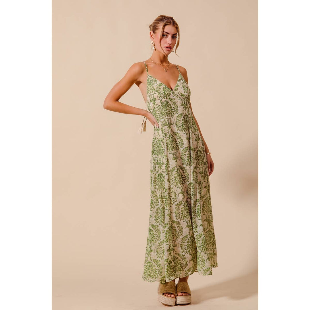 Damask Floral Summer Maxi Dress in Sage Green