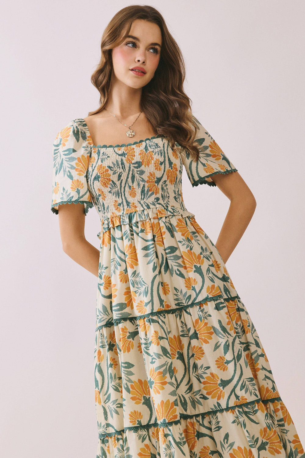 Floral smocked dress scallop hem – side view
