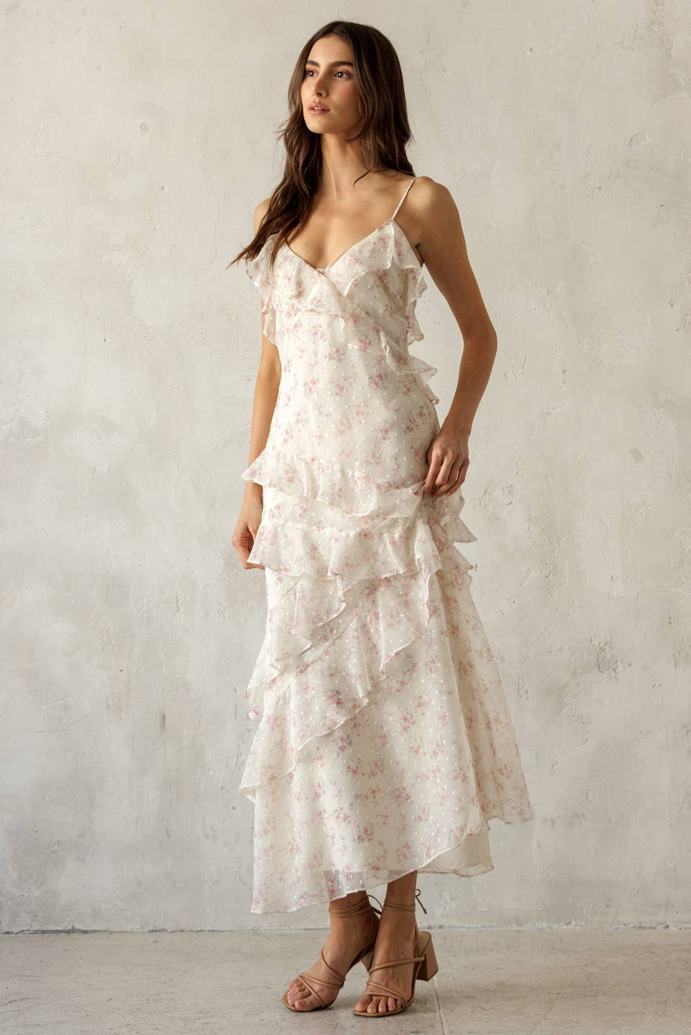 Floral Ruffled Tiered Dress in Ivory/Pink Floral