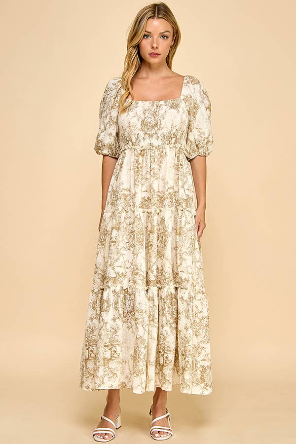 Hattie brown vintage print tiered maxi dress – front/side/back view