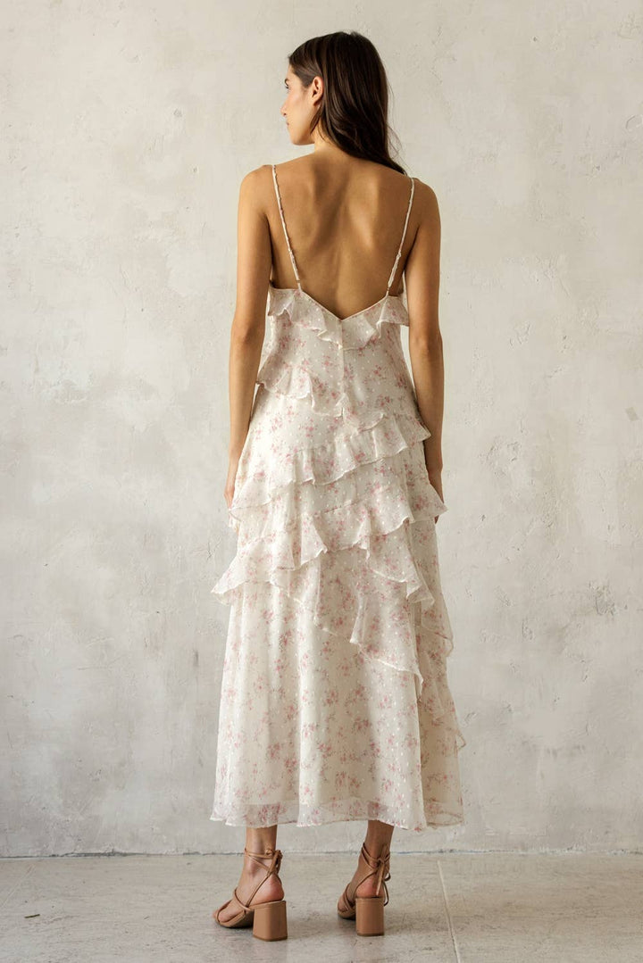 Floral Ruffled Tiered Dress in Ivory/Pink Floral