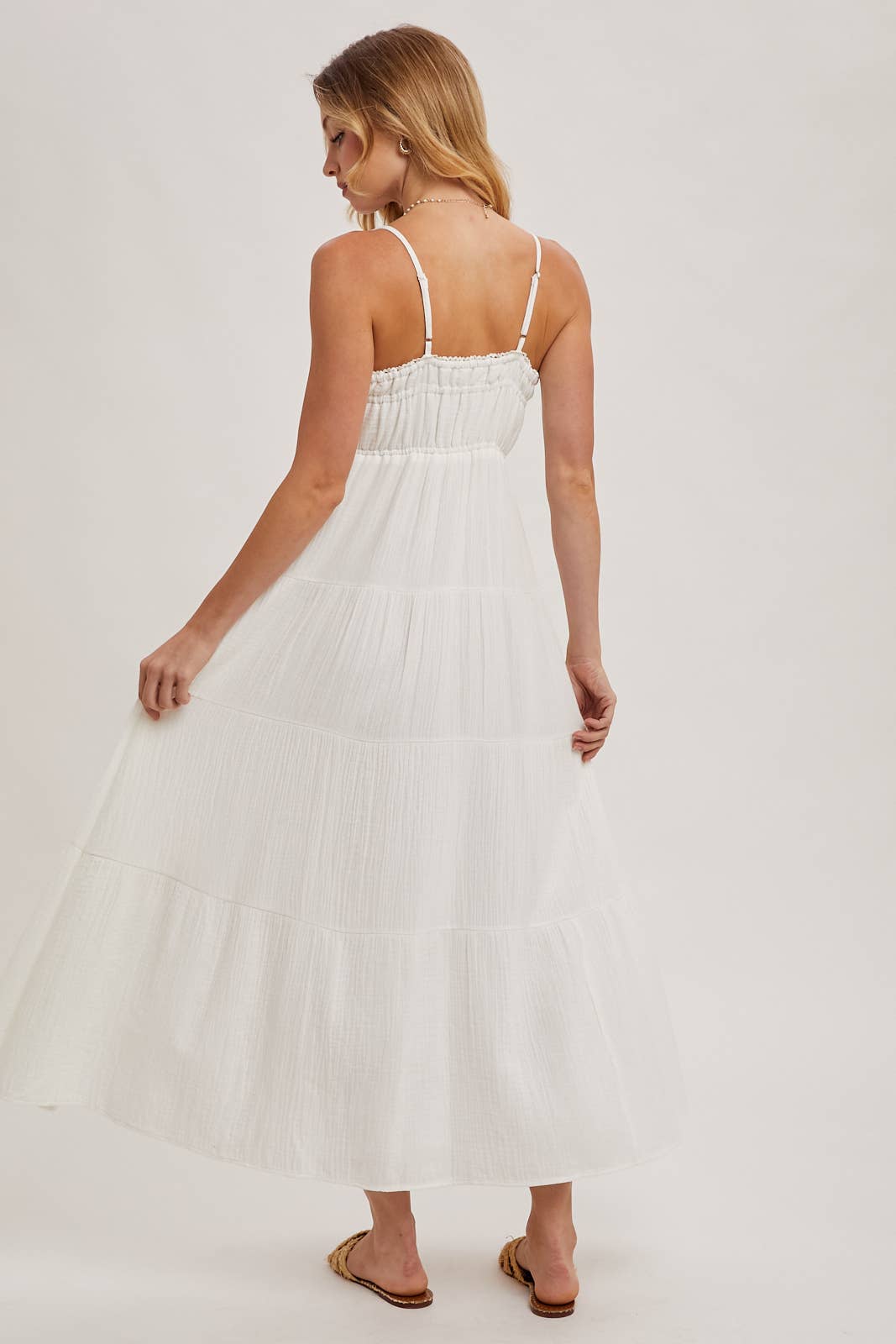 Ivory smocked ruffle trim tiered maxi dress – back view