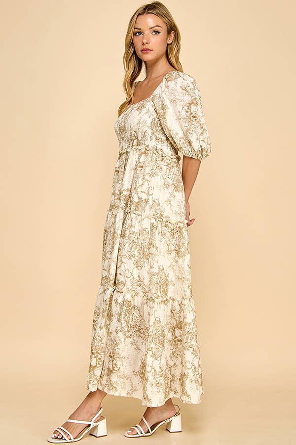Hattie brown vintage print tiered maxi dress – front/side/back view