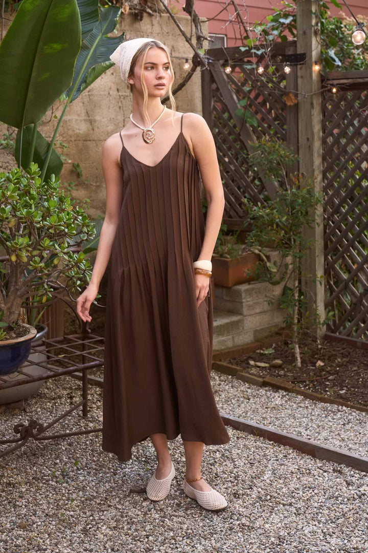 Pleated Pintuck Spaghetti Strap Maxi Dress in Brown