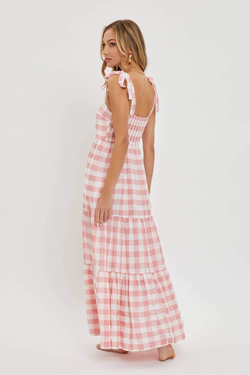 Gingham Tiered Maxi Dress in Pink