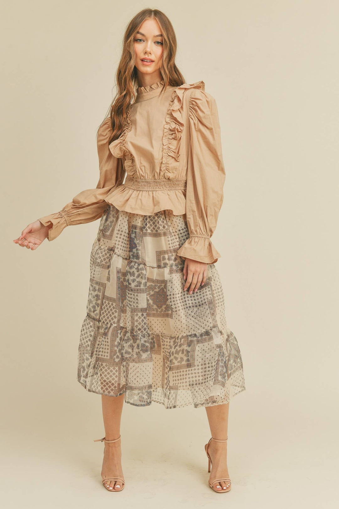 Ruffled High Neck Blouse in Beige