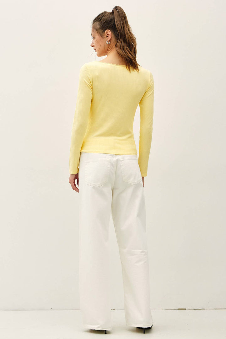 Lace Trim Ribbed Boat Neck Long Sleeve Top in Banana