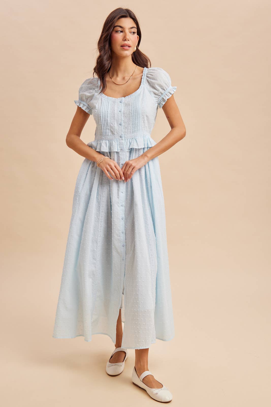 Swiss Dot Pintuck Maxi Dress in Blue
