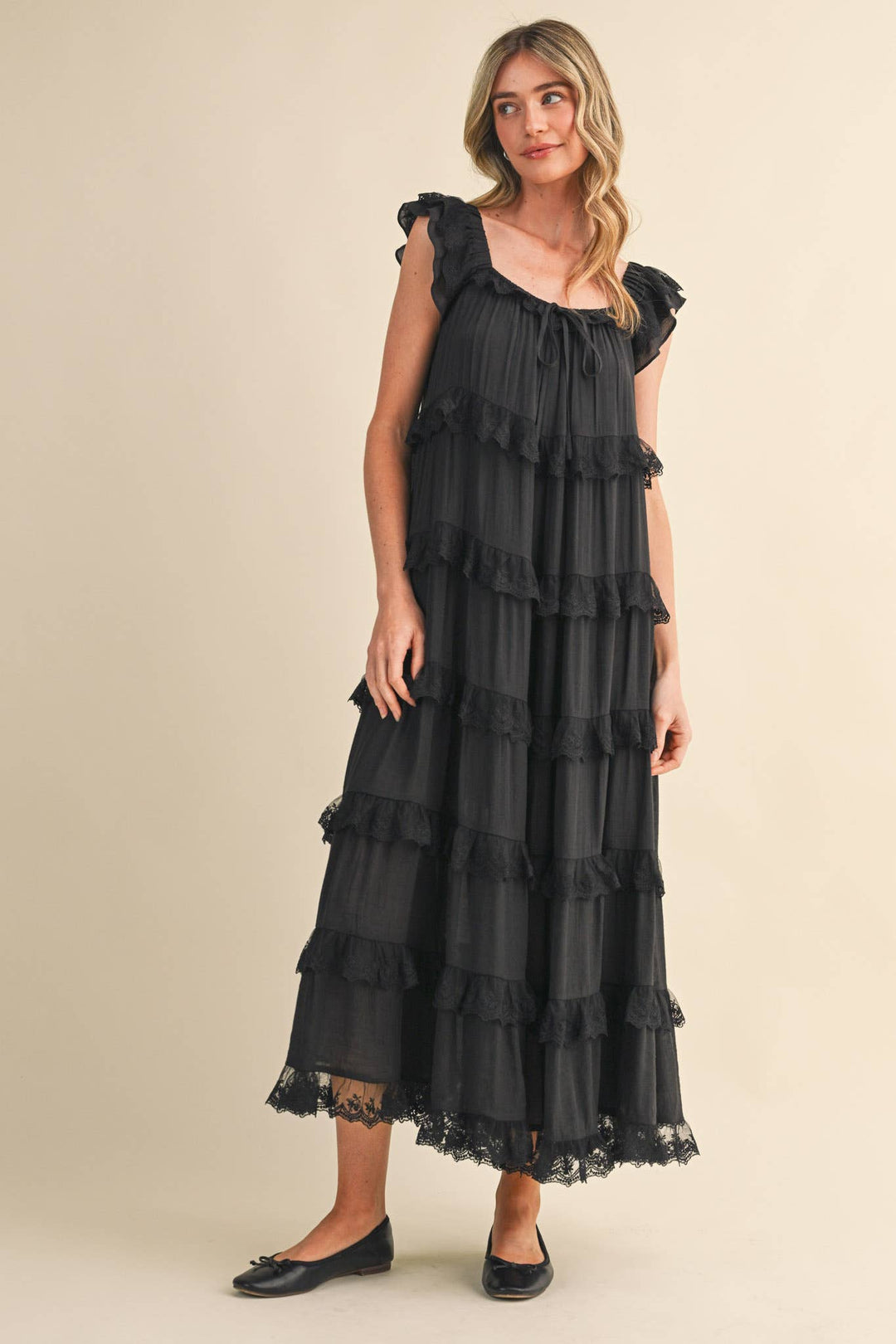 Tiered Lace Trim Flowy Maxi Dress in Black