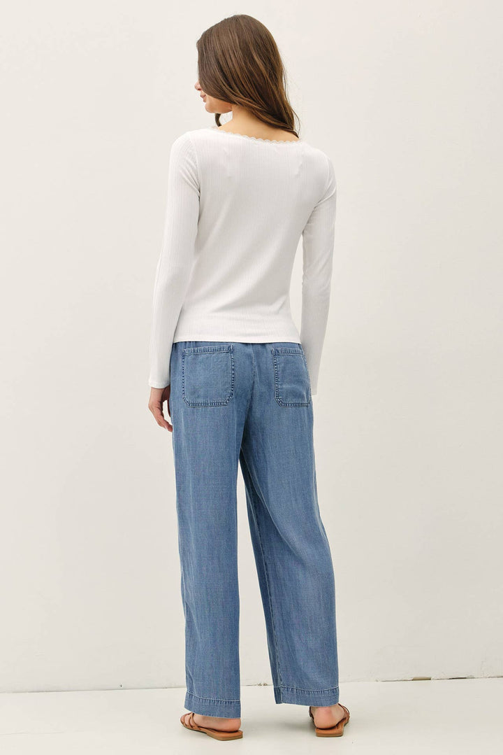 Lace Trim Ribbed Boat Neck Long Sleeve Top in White
