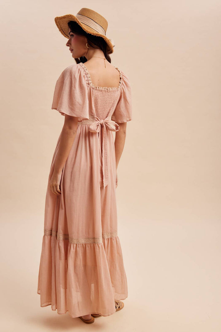 Dusty pink flutter sleeve maxi dress – back view
