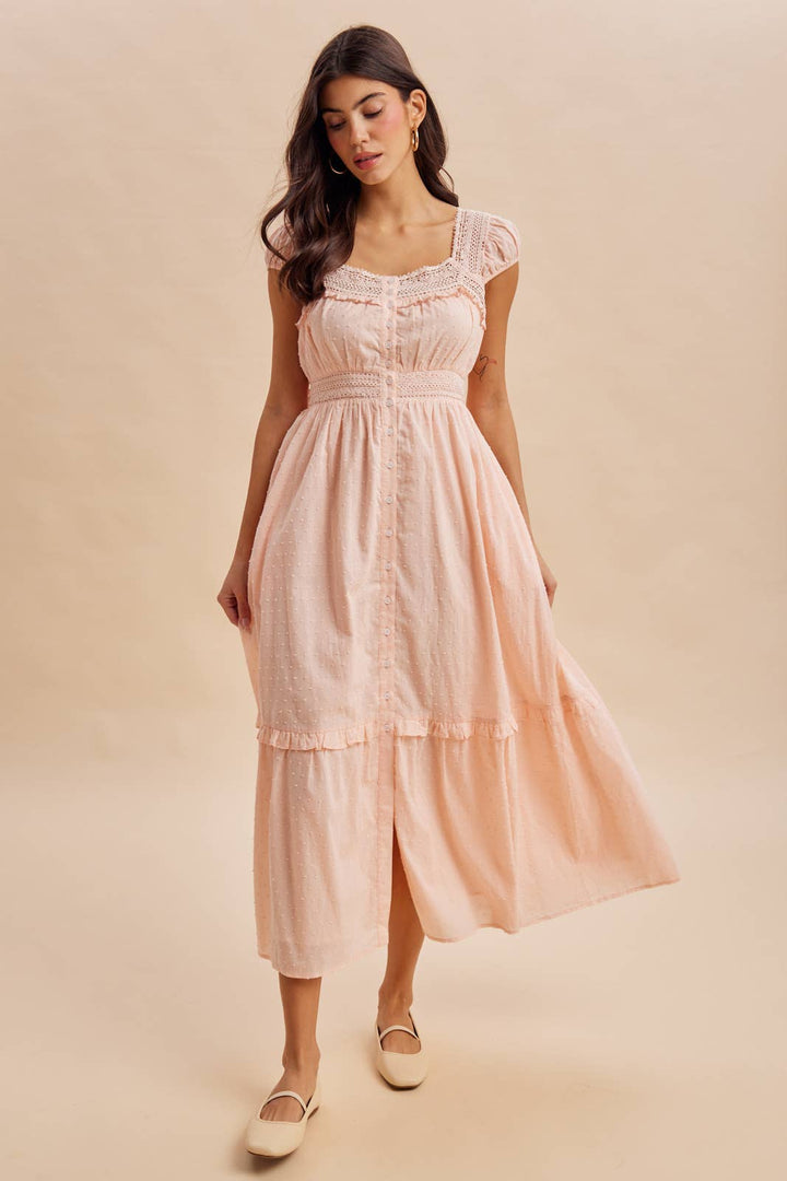 Cotton Swiss Dot Button Down Maxi Dress in Pink