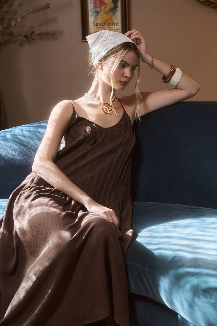 Pleated Pintuck Spaghetti Strap Maxi Dress in Brown