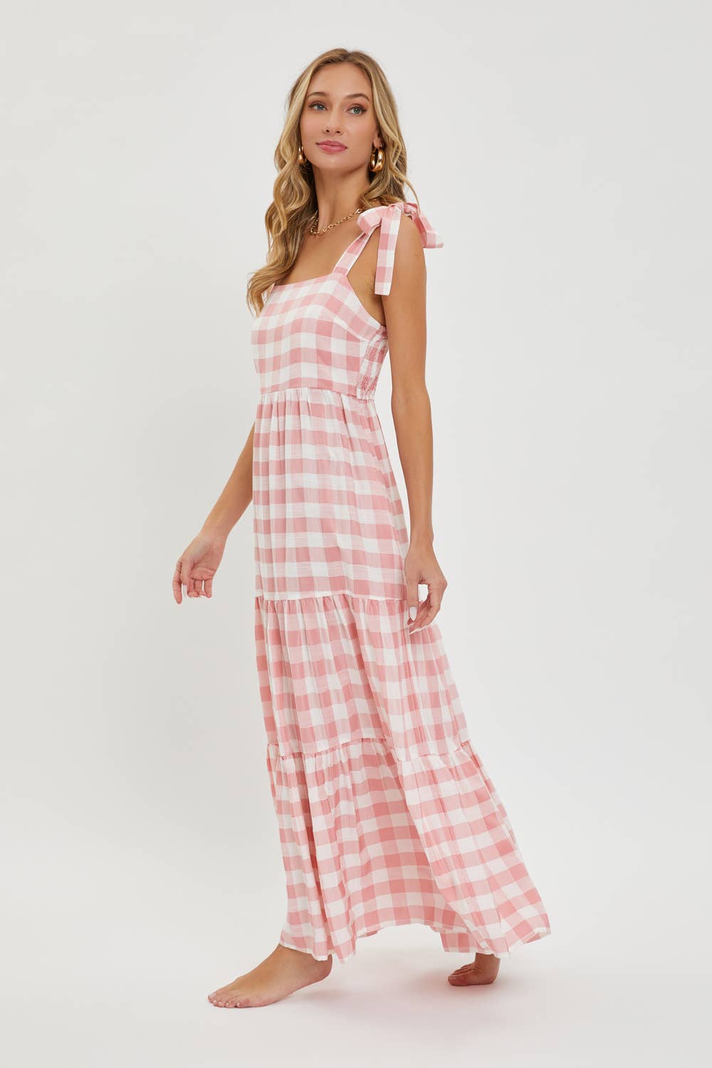 Gingham Tiered Maxi Dress in Pink