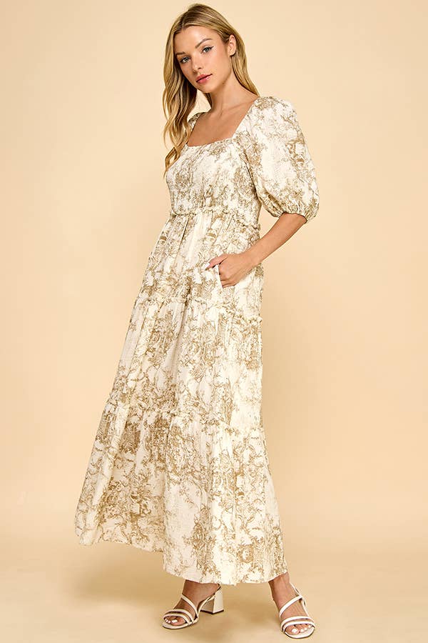 Hattie brown vintage print tiered maxi dress – front/side/back view