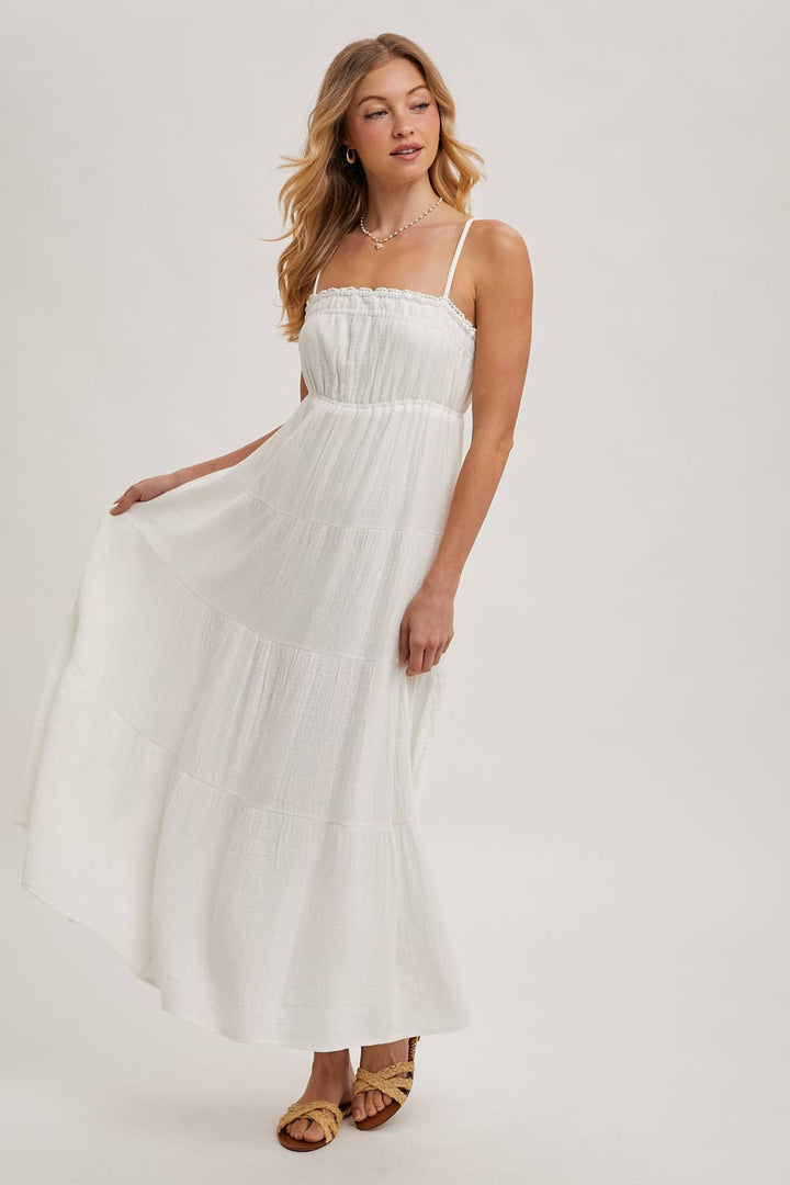 Ivory smocked ruffle trim tiered maxi dress – front view