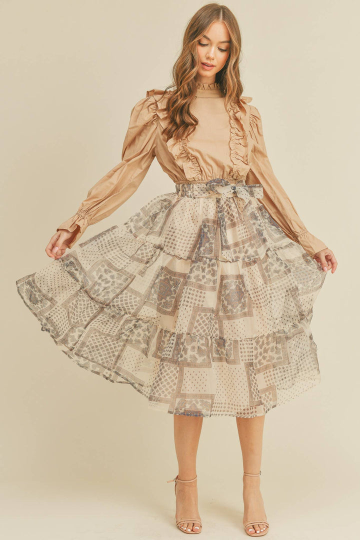 Ruffled High Neck Blouse in Beige