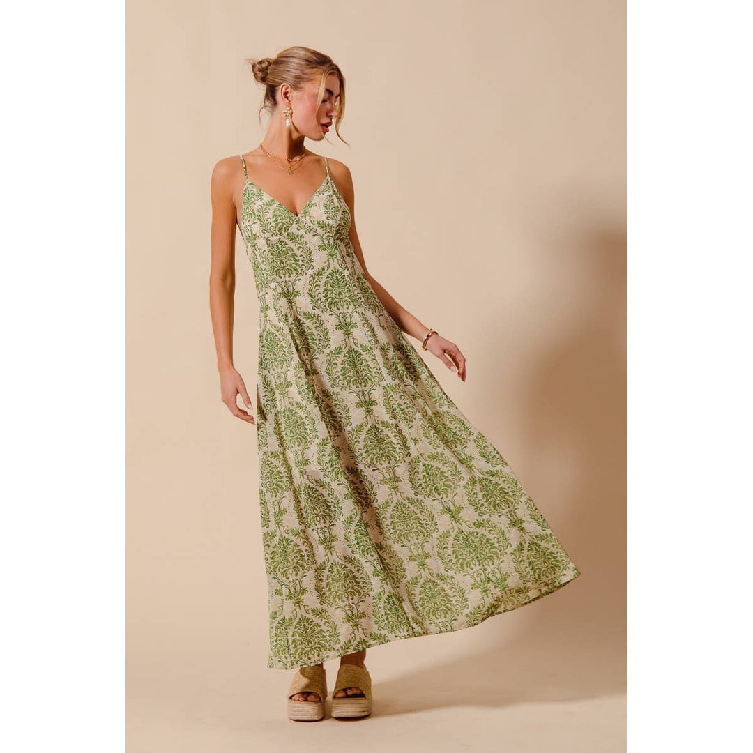 Damask Floral Summer Maxi Dress in Sage Green