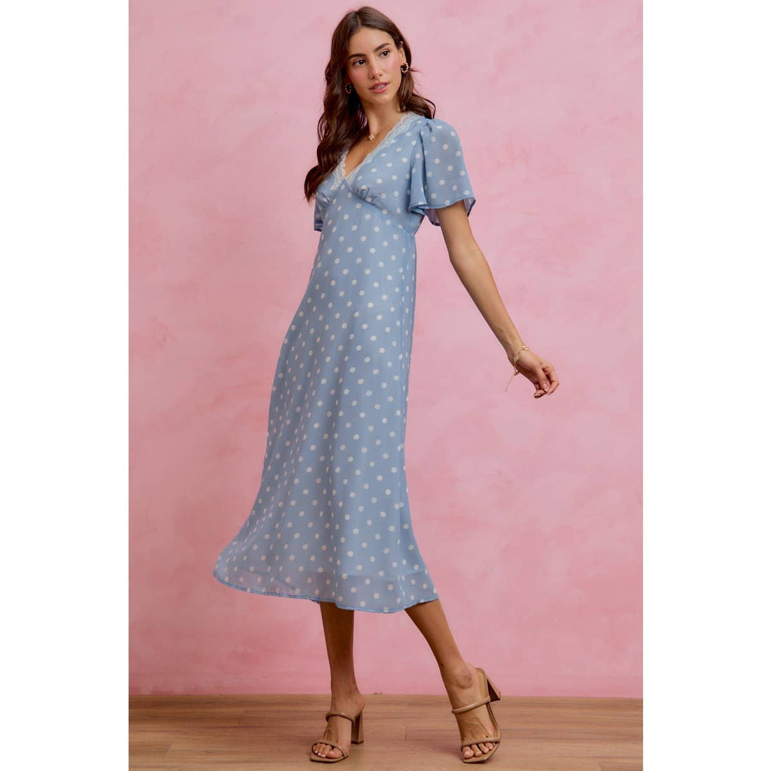 Polka Dot Chiffon Midi Dress in Blue - Available June 26