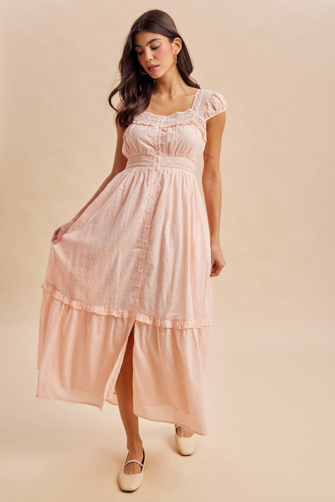 Cotton Swiss Dot Button Down Maxi Dress in Pink