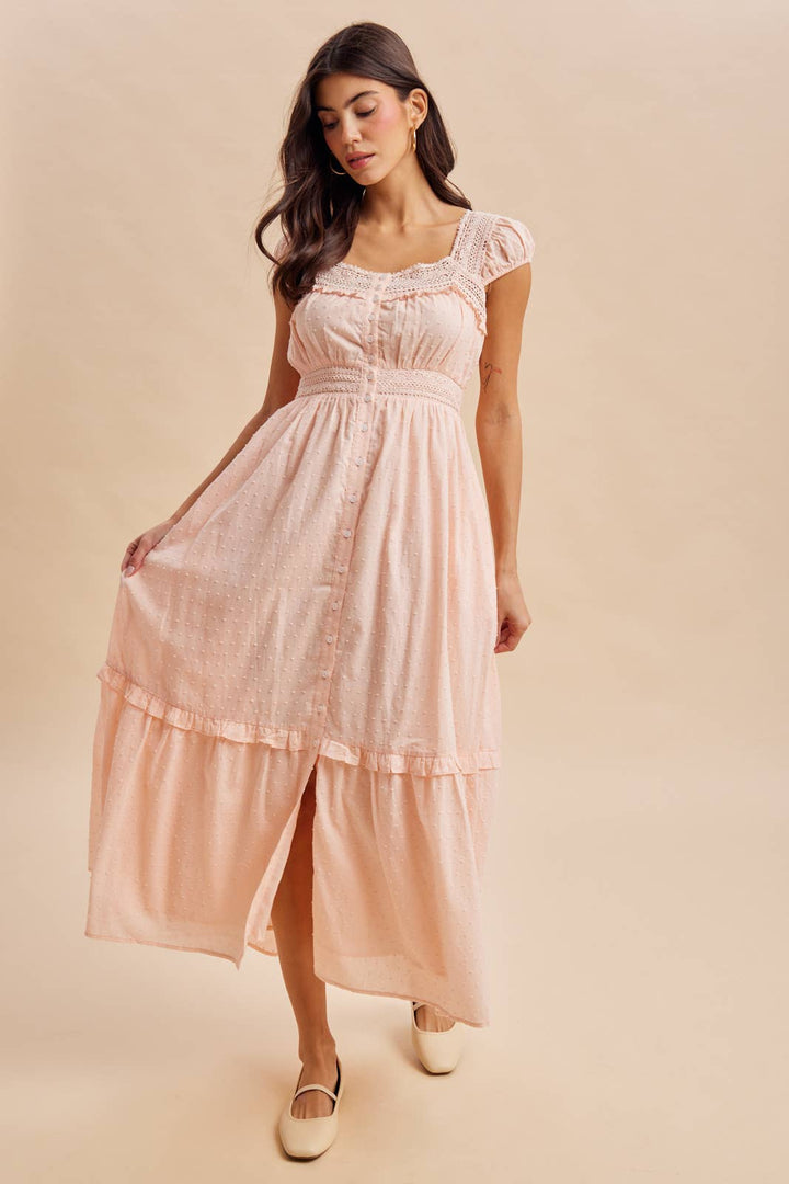 Cotton Swiss Dot Button Down Maxi Dress in Pink