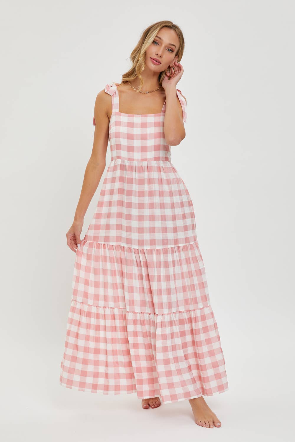 Gingham Tiered Maxi Dress in Pink